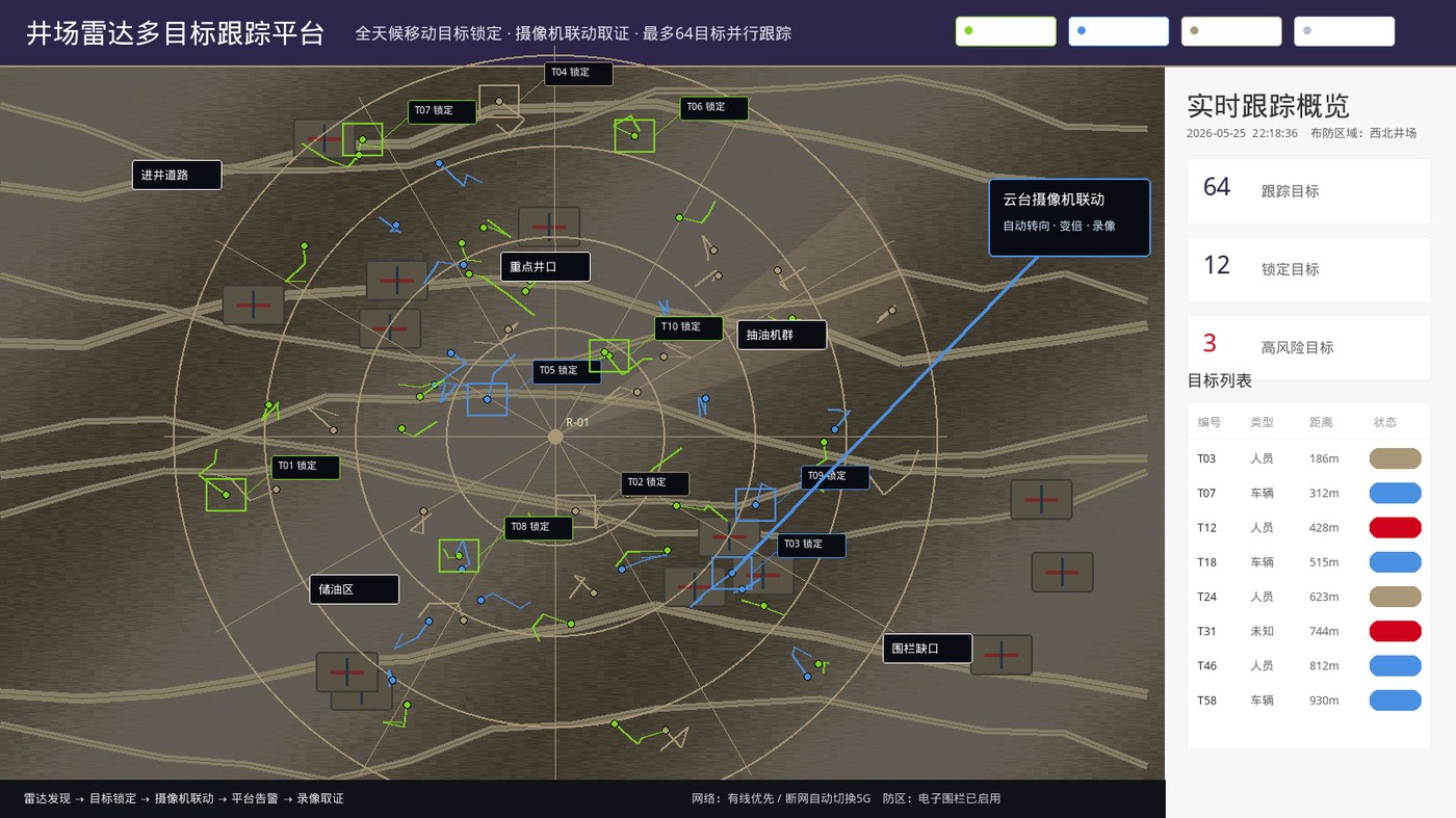 井场雷达多目标跟踪平台：夜间/雨雾远距离发现目标，联动云台聚焦取证